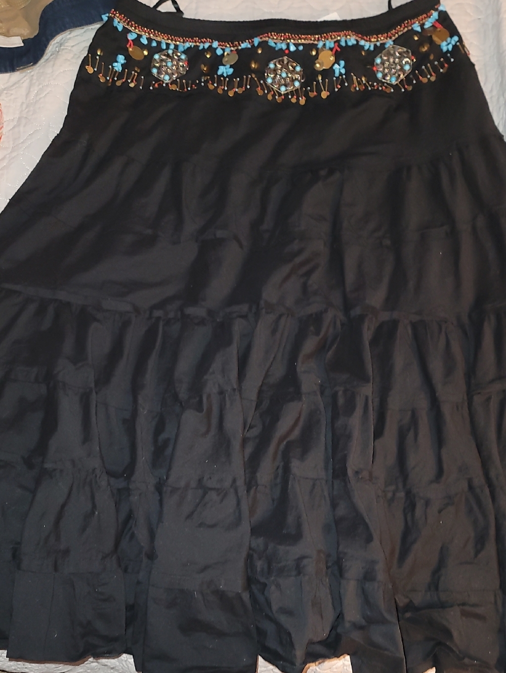 Embellished Black Tiered Maxi Skirt with Beaded Waist